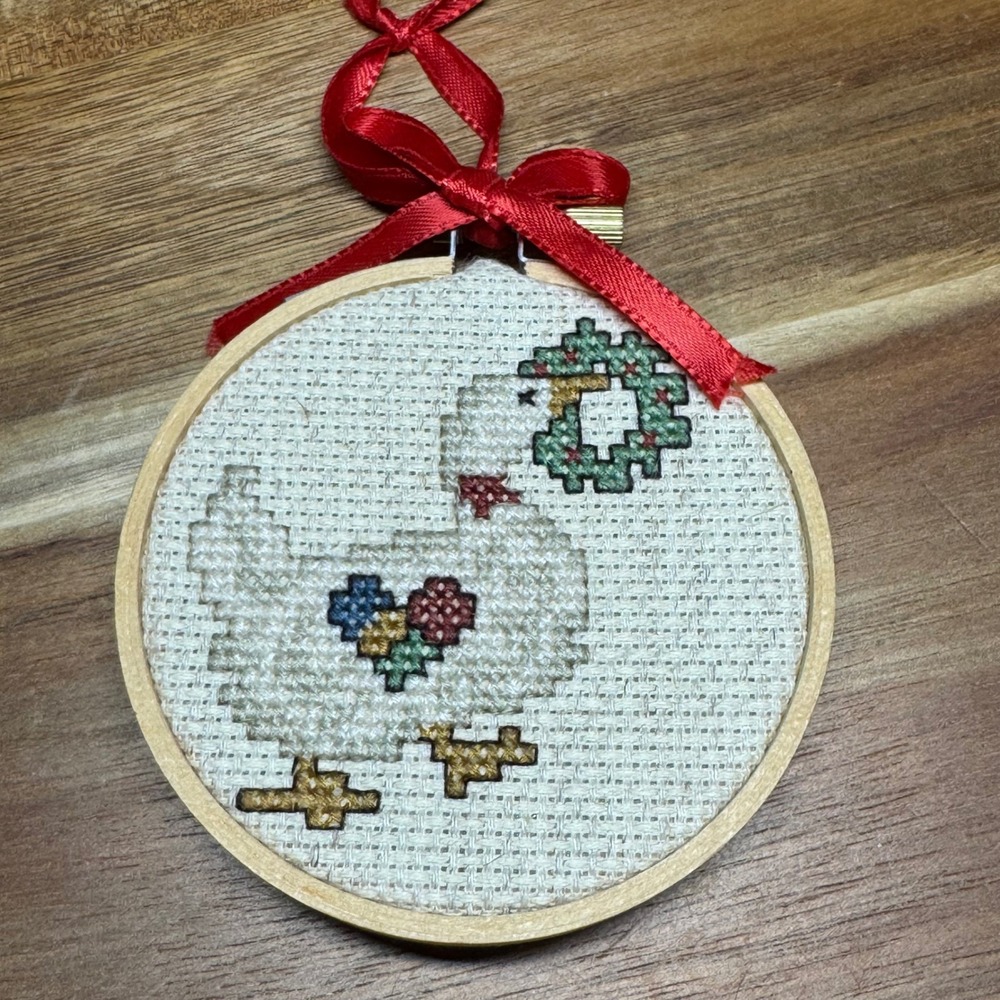 Vintage Handmade Cross Stitch Goose Christmas Ornament Wreath Wooden Hoop 3"